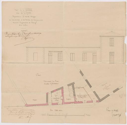 Réparation du mur du hangar des servitudes et du bureau du commissaire suivant l'alignement du plan général de la ville : [plan, élévation], 17 octobre 1862 / L. Ballereau, architecte.